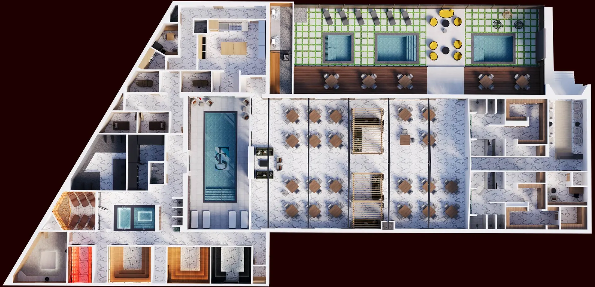 Fusion Spa & Resort floor plan showing spa rooms, pools, dining areas, treatment rooms, cabanas, and amenities.