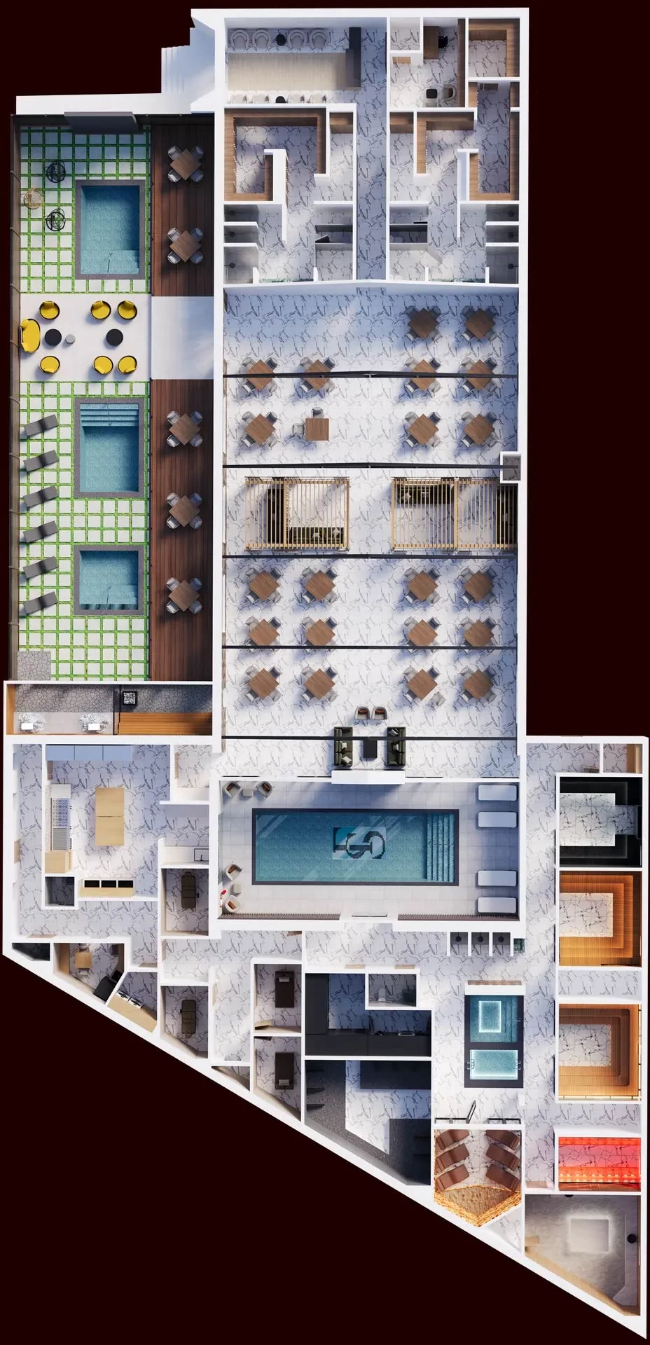 Fusion Spa & Resort floor plan showing spa rooms, pools, dining areas, treatment rooms, cabanas, and amenities.